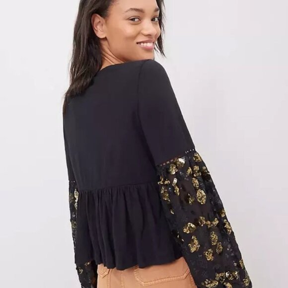 Anthropologie Black & Gold “Neale” Sequined Peplum Pintuck Top Size Medium - Picture 4 of 13